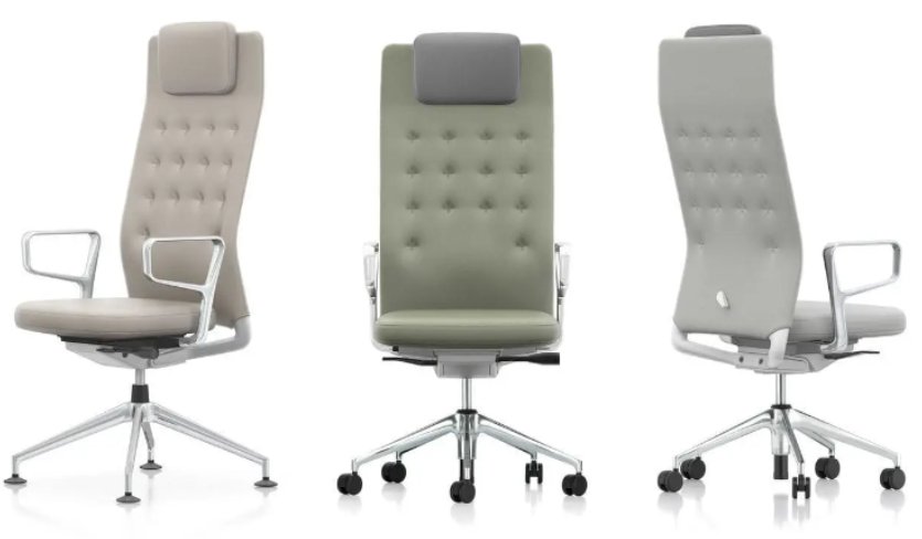 Photo of three chairs from the Trim line, colors gray, green, and beige.